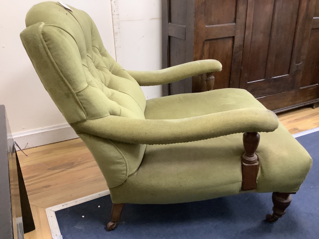 A late Victorian mahogany open armchair, width 77cm, depth 90cm, height 80cm